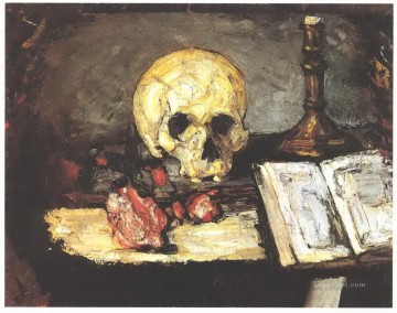 Paul Cezanne Painting - Still life with skull candle and book Paul Cezanne